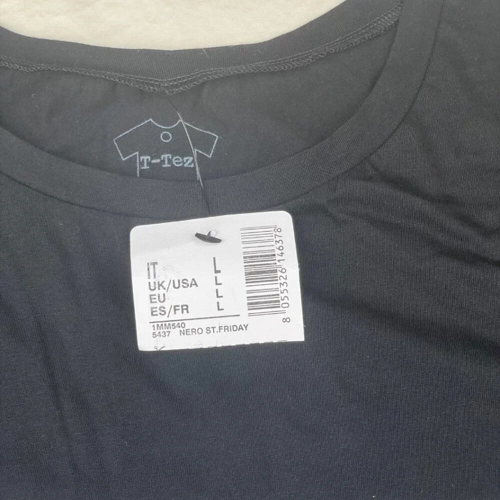 Black graphic t-shirt with “Friday the elements of happiness”